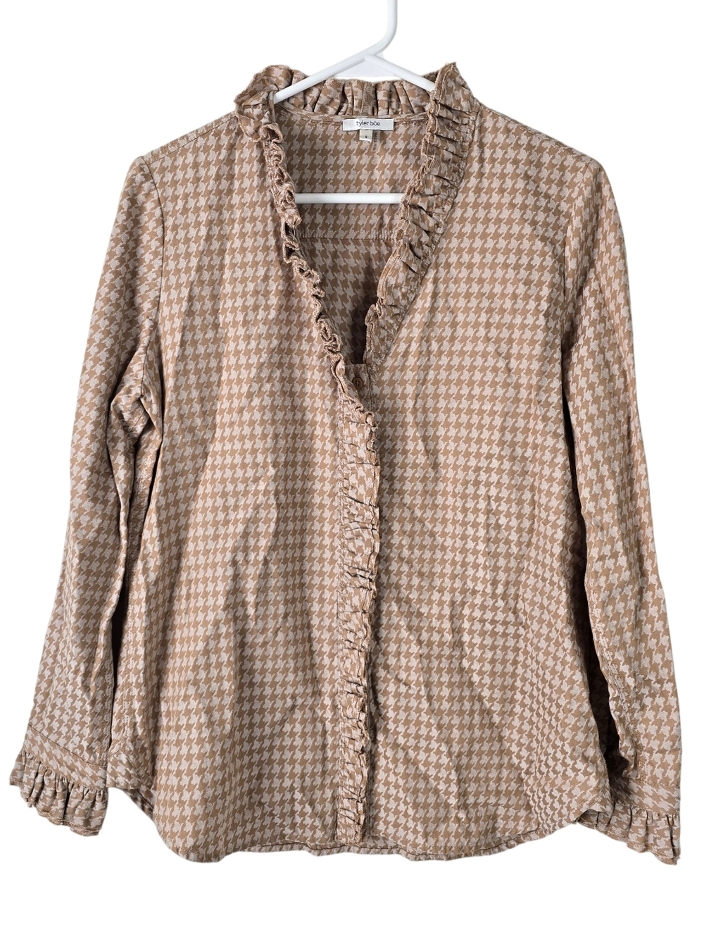Tyler Boe Long Sleeve Ruffle Front Button Down Shirt Gold/Cream Houndstooth S
